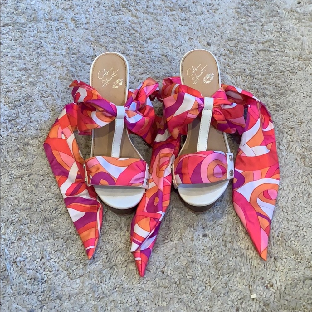 Colin Stuart satin ankle tie wedge sandals